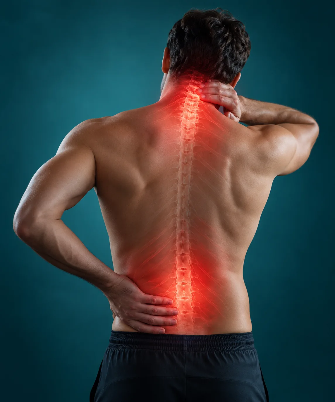 Pessoa adulta vista de costas com destaque sutil em luz vermelha e infravermelha na região lombar e cervical, visual clínico e humano, fundo azul-petróleo suave, sem texto na imagem.